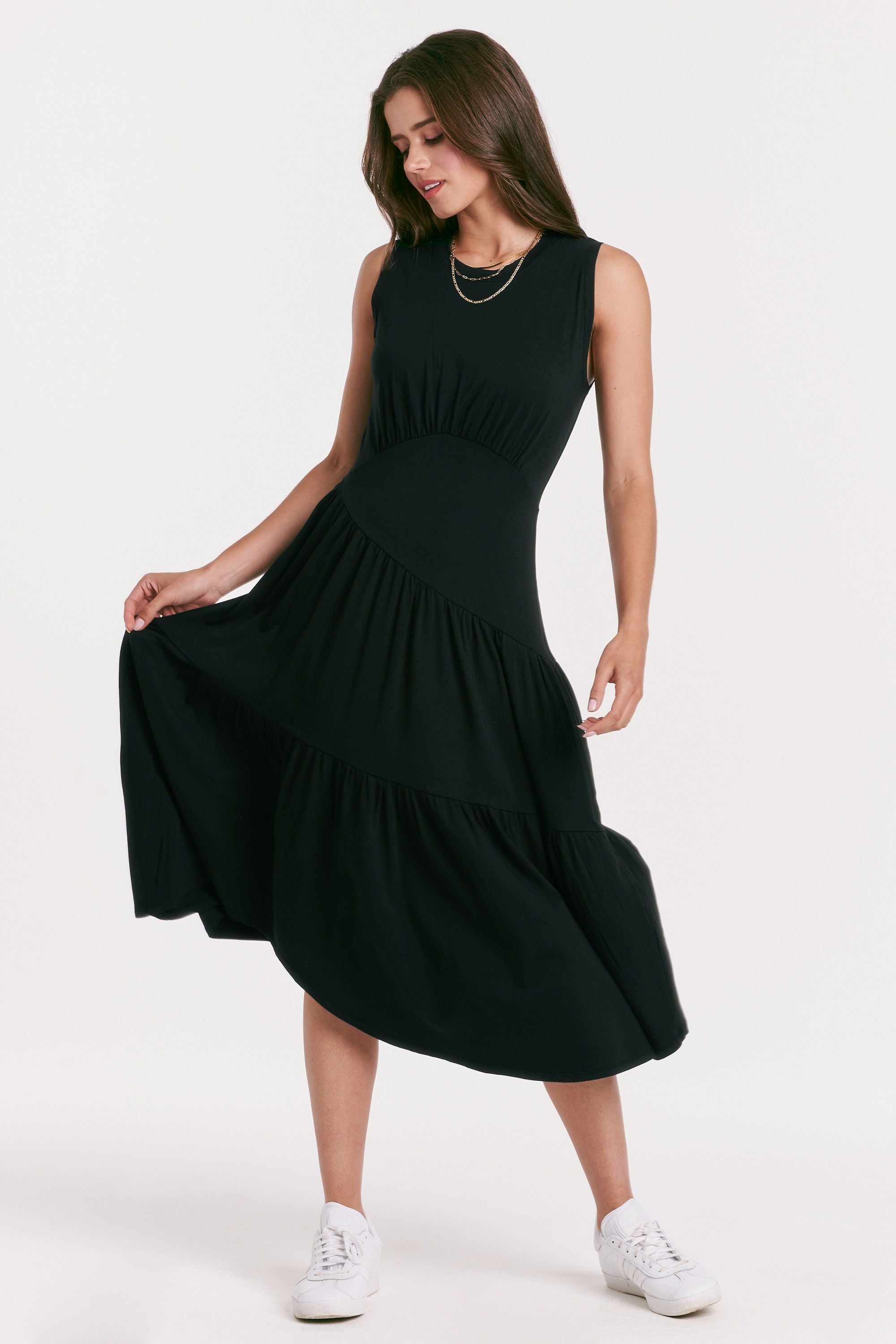 Rome Assymetric Tiered Midi Dress Black