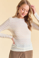Floral Textured Stretch Lace Mock Neck Top Cream