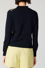 Floral Contrast Sleeve Scallop Neckline Top Black Multi