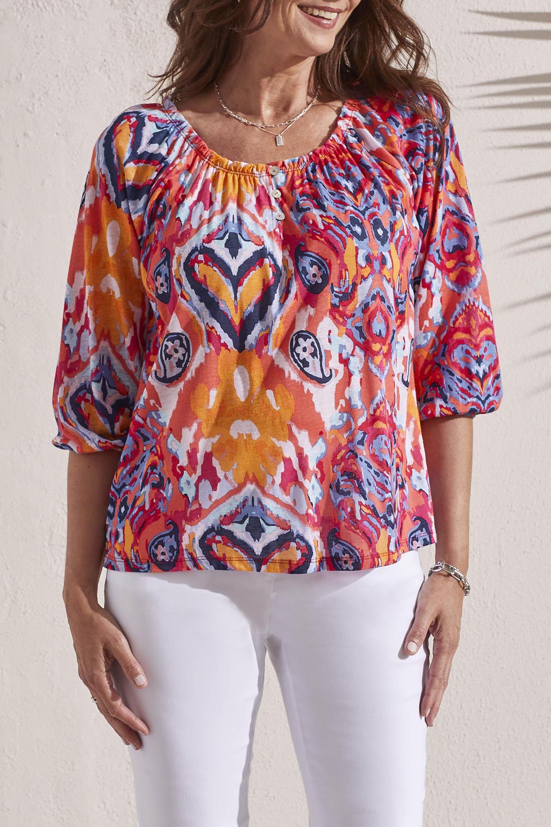 3/4 Sleeve Button Detail Printed Peasant Top Poppy Red