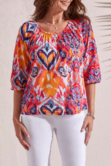 3/4 Sleeve Button Detail Printed Peasant Top Poppy Red