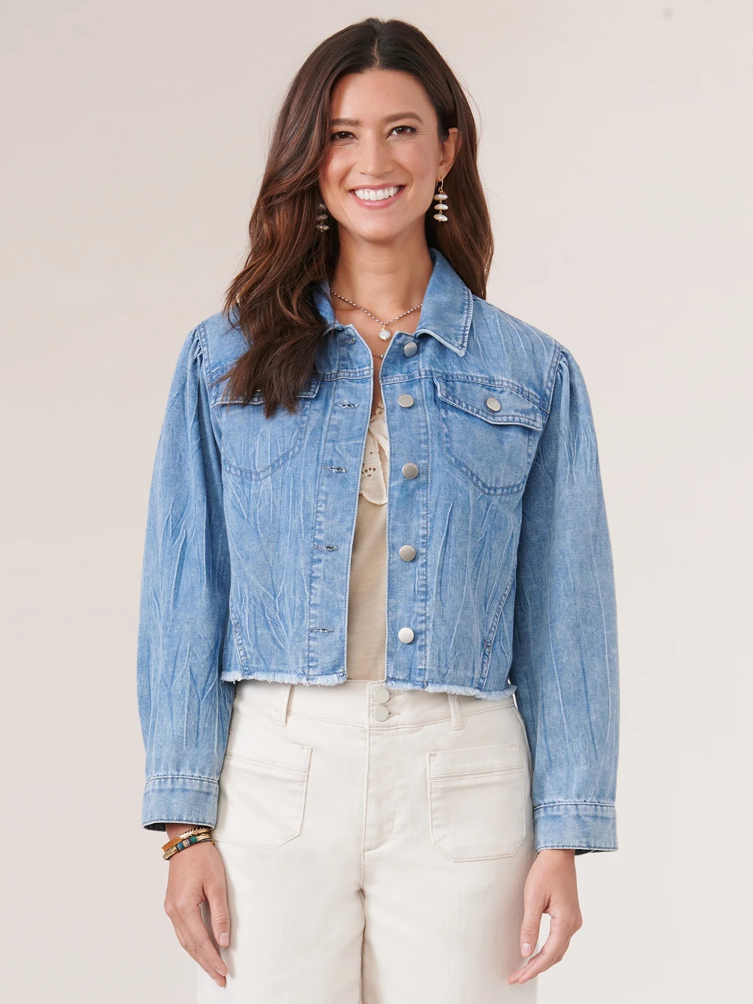 Puff Sleeve Fray Hem Denim Jacket Light Blue