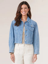 Puff Sleeve Fray Hem Denim Jacket Light Blue