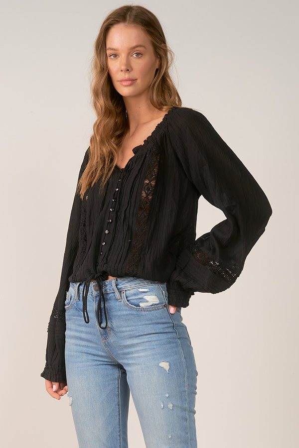 Crochet Piping Tied Vneck Long Sleeve Blouse Black