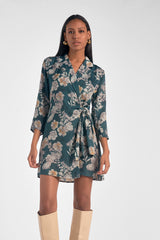 Belted Wrap Collared Long Sleeve Dress Green Floral