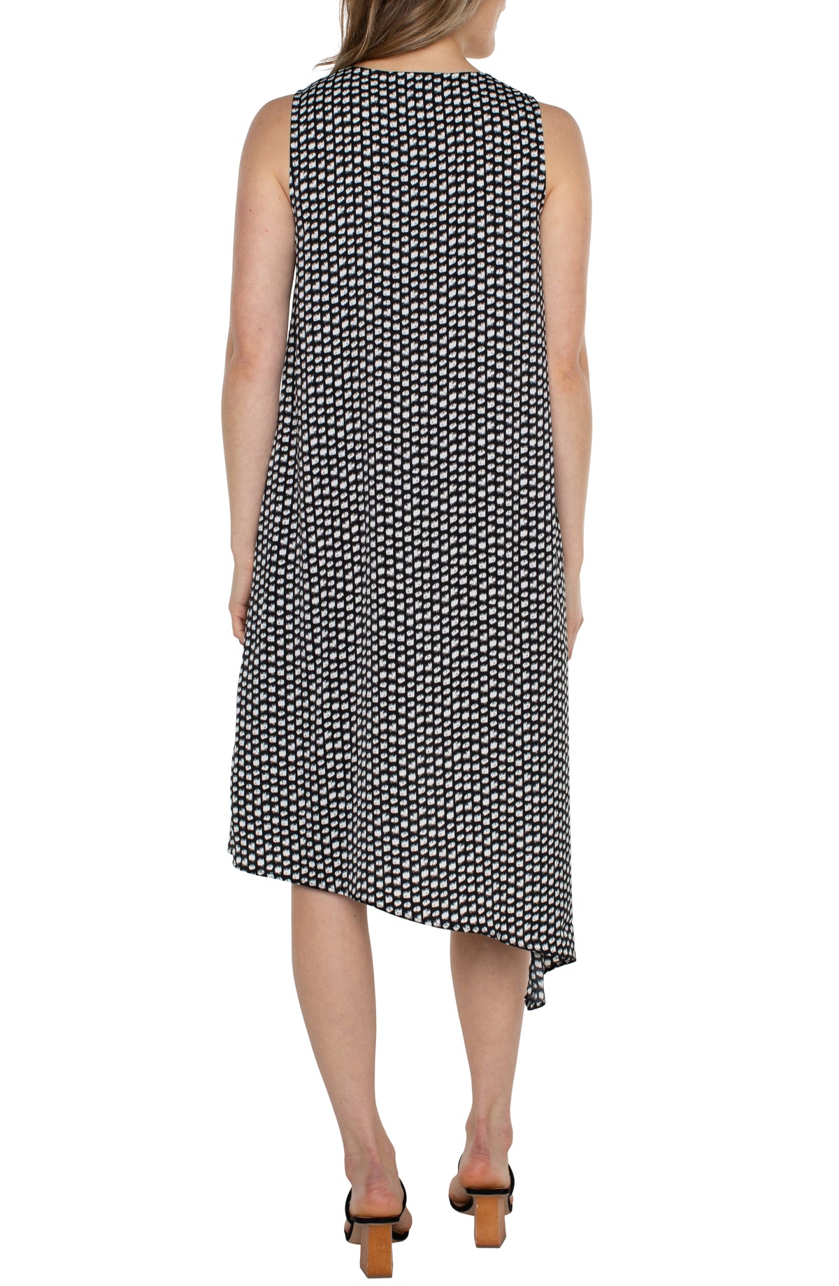 Asymmetric Hem Scoop Neck Printed Dress Black White Dot