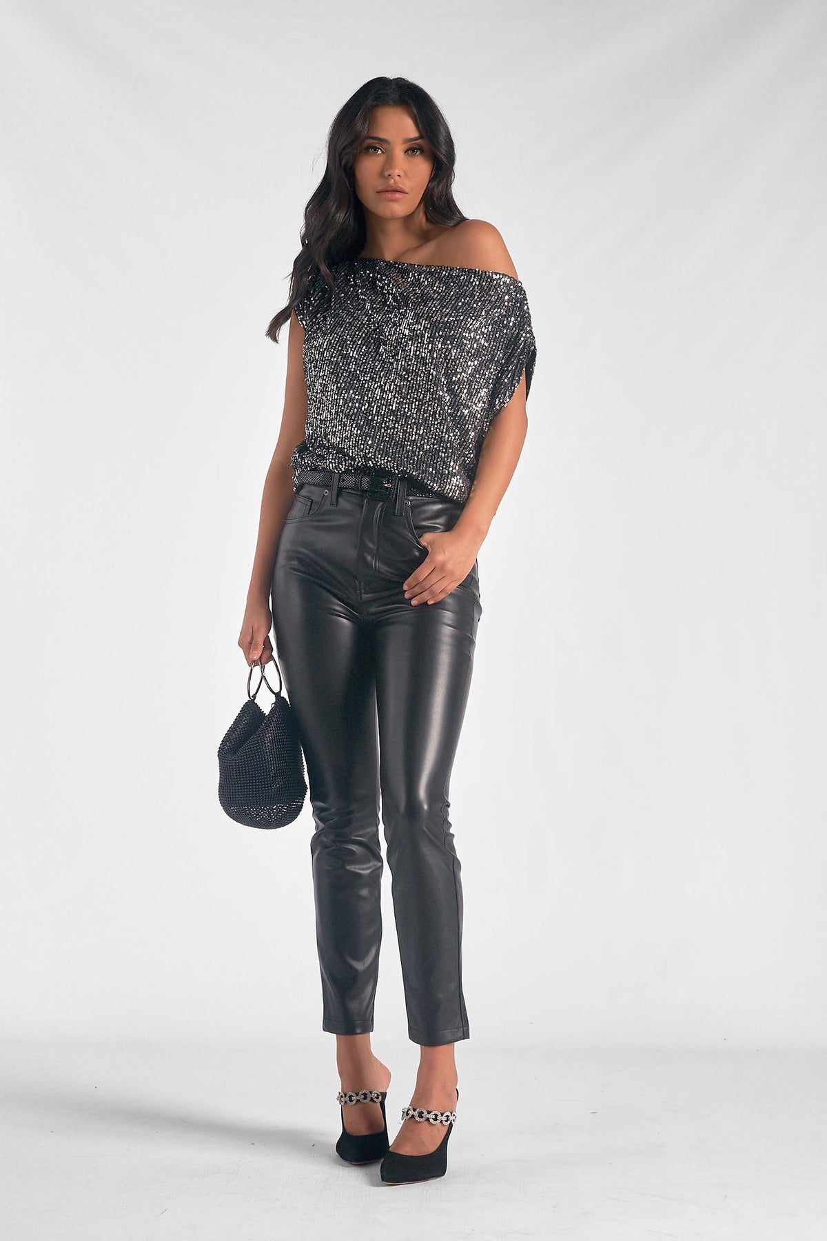 Sequin Wide Neck Off Shoulder Top Silver