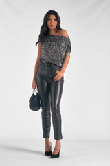 Sequin Wide Neck Off Shoulder Top Silver