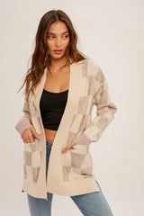 Checker Mixed Open Sweater Cardi Ecru + Grape
