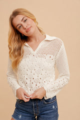 Scallop Hem Pointelle Knit Sweater Ecru