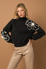 Flower Embroidery Mock Neck Sweater Black+ Ivory