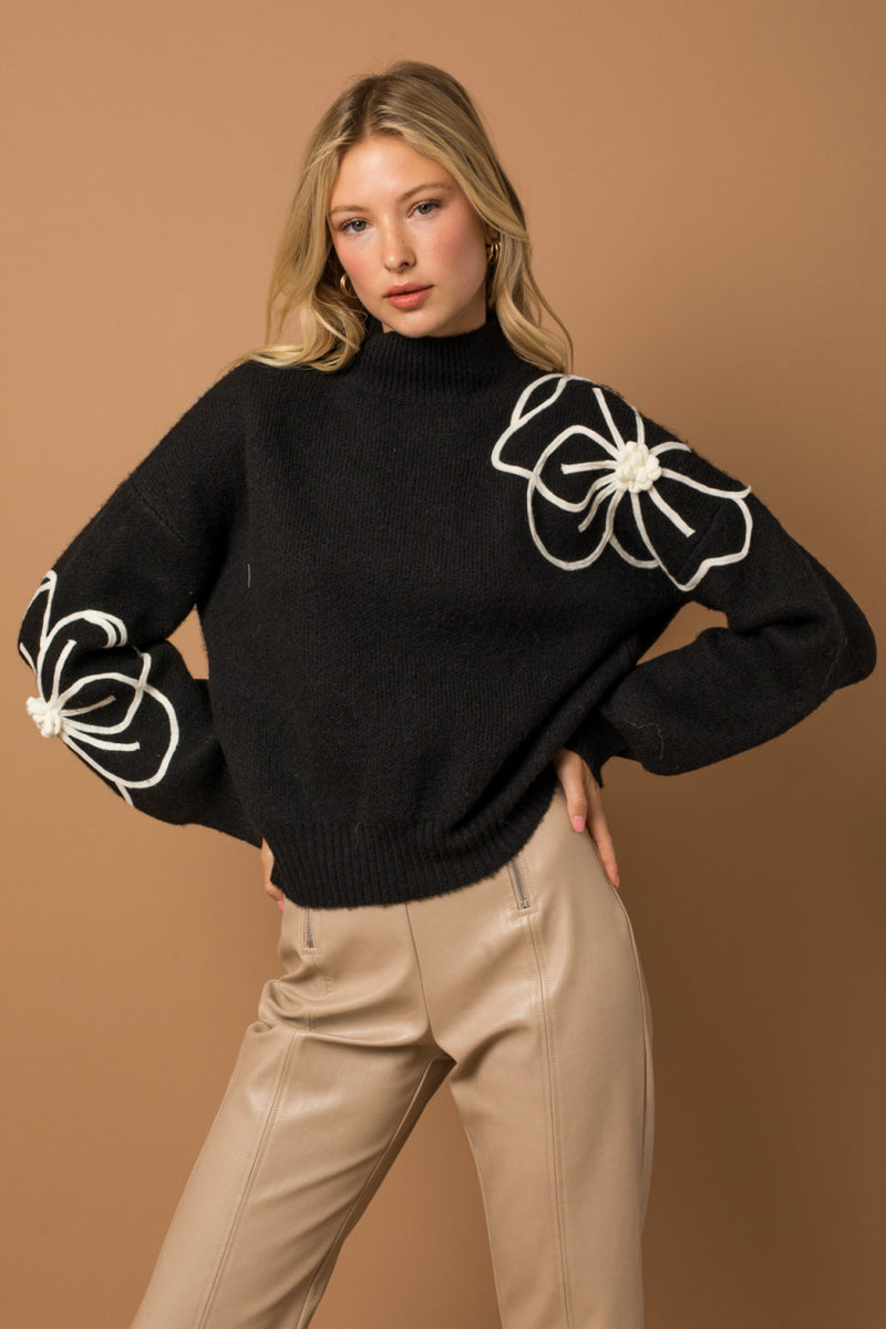 Flower Embroidery Mock Neck Sweater Black+ Ivory