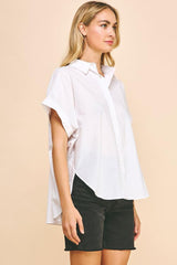 Folded Sleeve Button Down Woven Shirt White