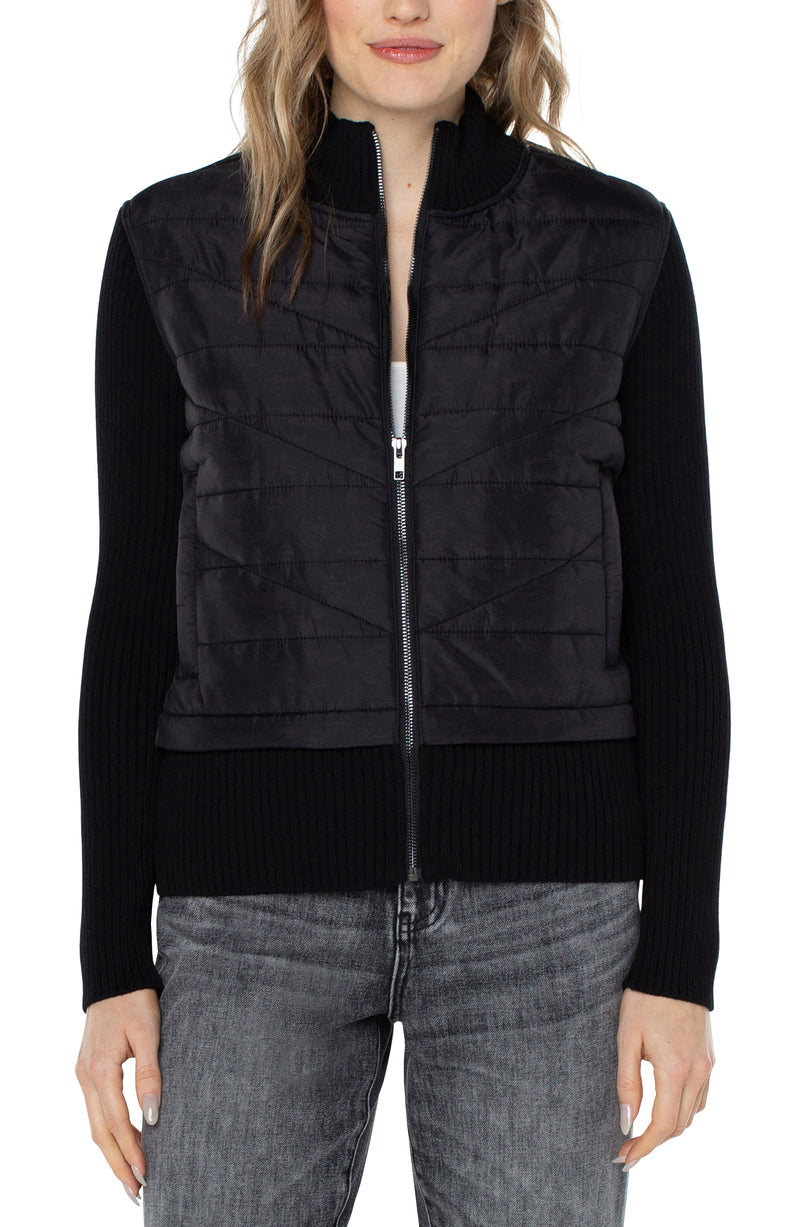 Quilted Front Full Zip Sweater Black