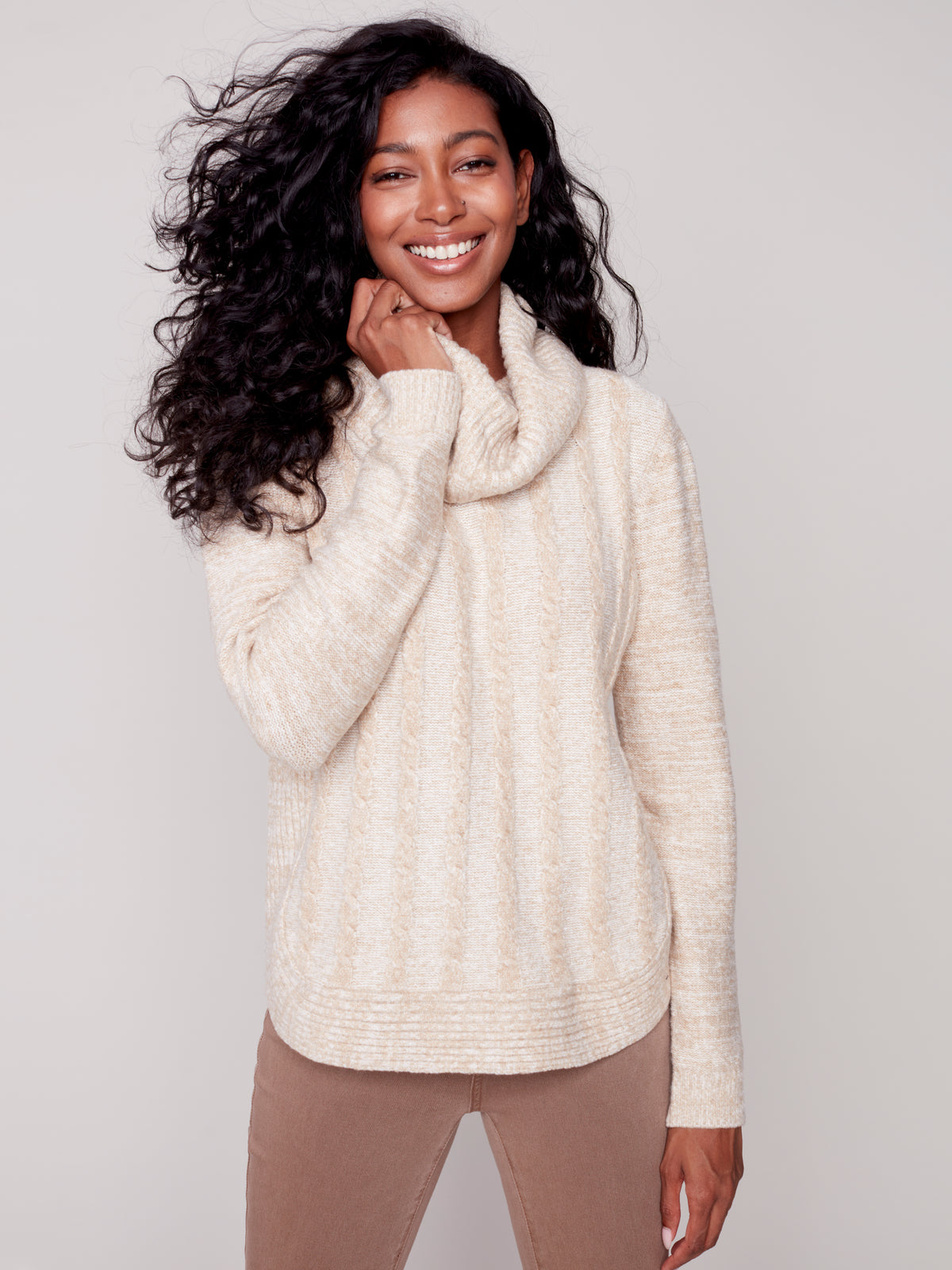 Cable Knit Round Hem Turtleneck Sweater Almond