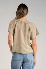 Ruched V Neck Washed Shirt Green Moss