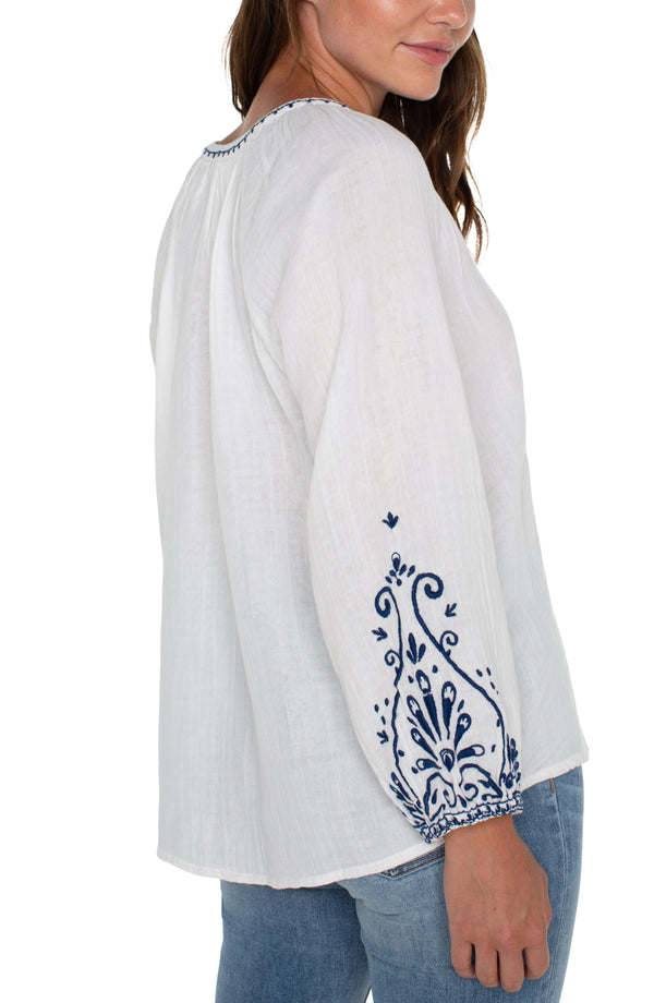 Embroidered Double Gauze Woven Top Off White + Blue