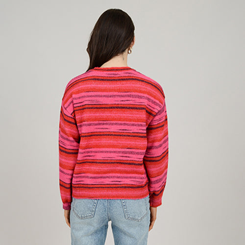 Alaina Stripes Crew Neck Knit Pullover Pink + Burgundy Space Dye