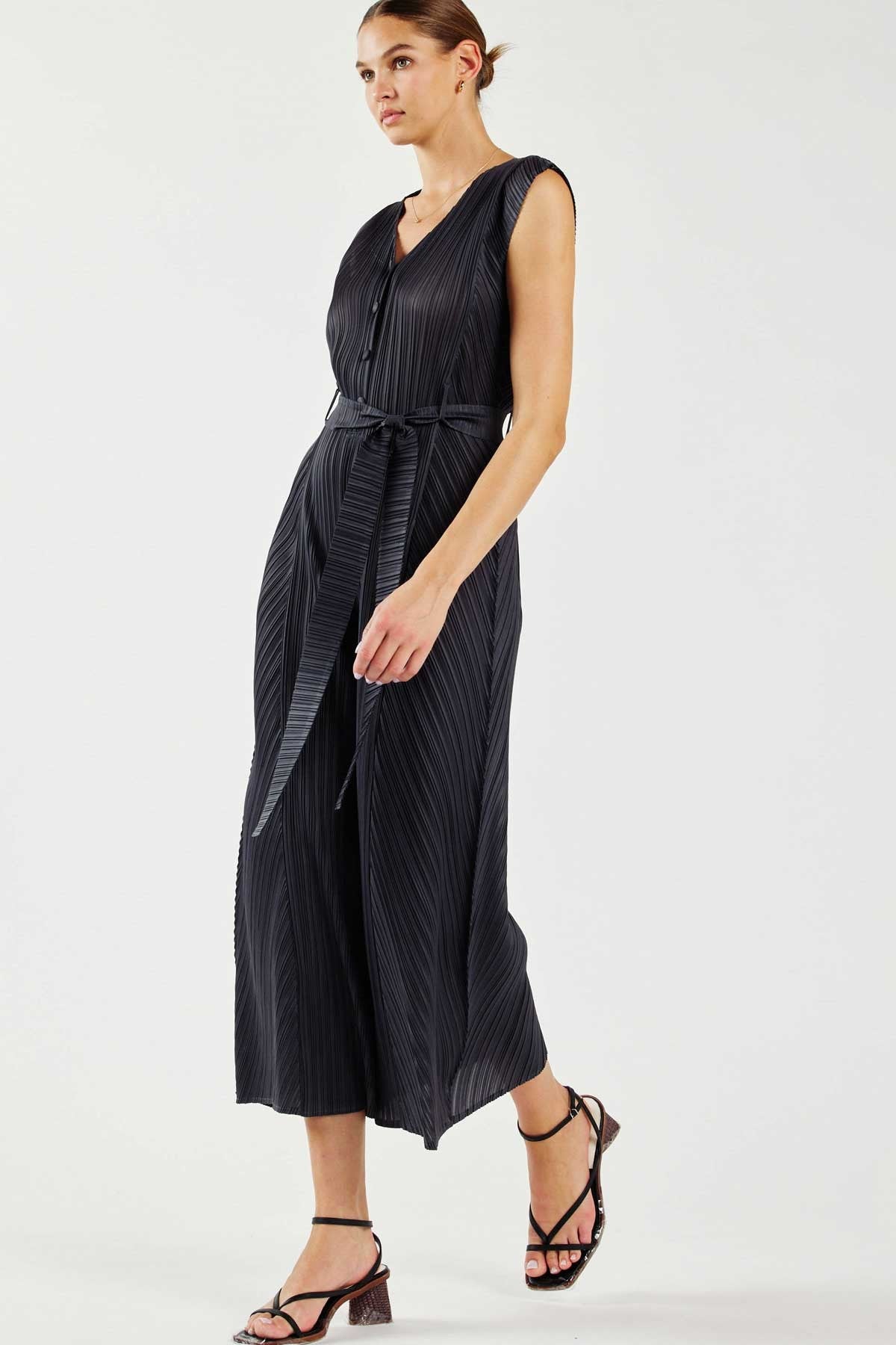 Mixed Pleated Button Detail Tie Belt Jumpsuit Grey