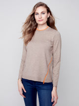 Asymmetric Contrast Zip Detail Knit Sweater Truffle