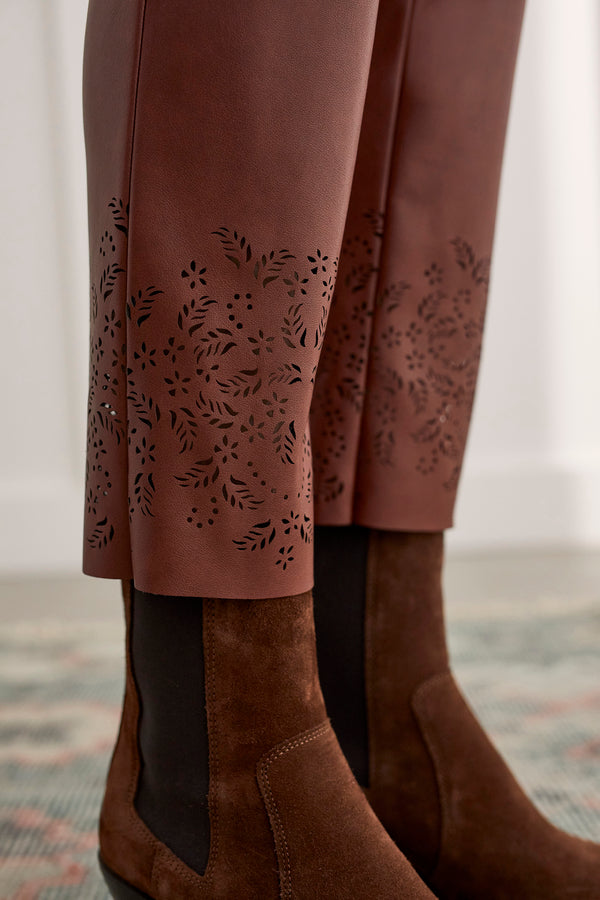Fly Front Floral Cut Out Hem Ankle Pant
