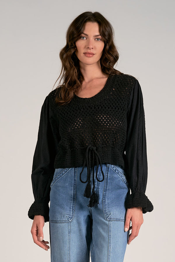 Tied Sweater Crochet Gauze Combo Top Black