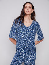 Printed V Neck Knotted Hem Top Indigo