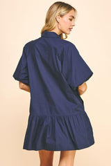 Button Down Ruffle Hem Bubble Sleeve Dress Navy
