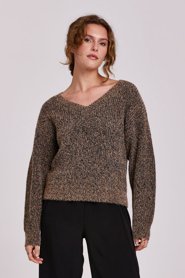Rue Chunky Knit Vneck Sweater Copper Metallic Melange