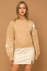 Flower Embroidery Mock Neck Sweater Taupe + Ivory