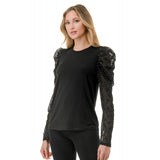 Mesh Metallic Puff Long Sleeve Top  Black