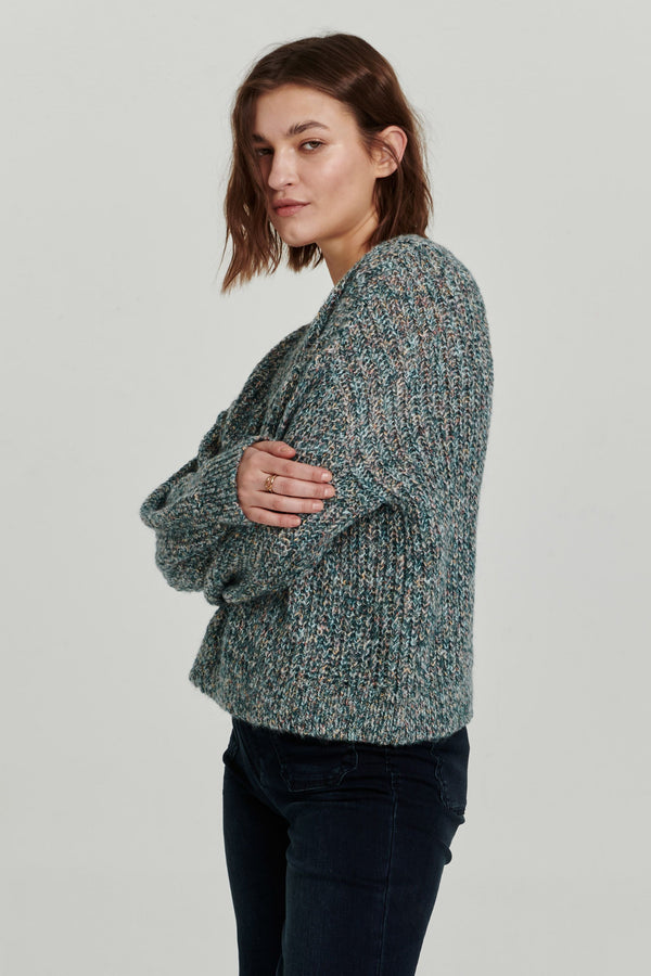 Rue Chunky Knit Vneck Sweater Spruce Melange