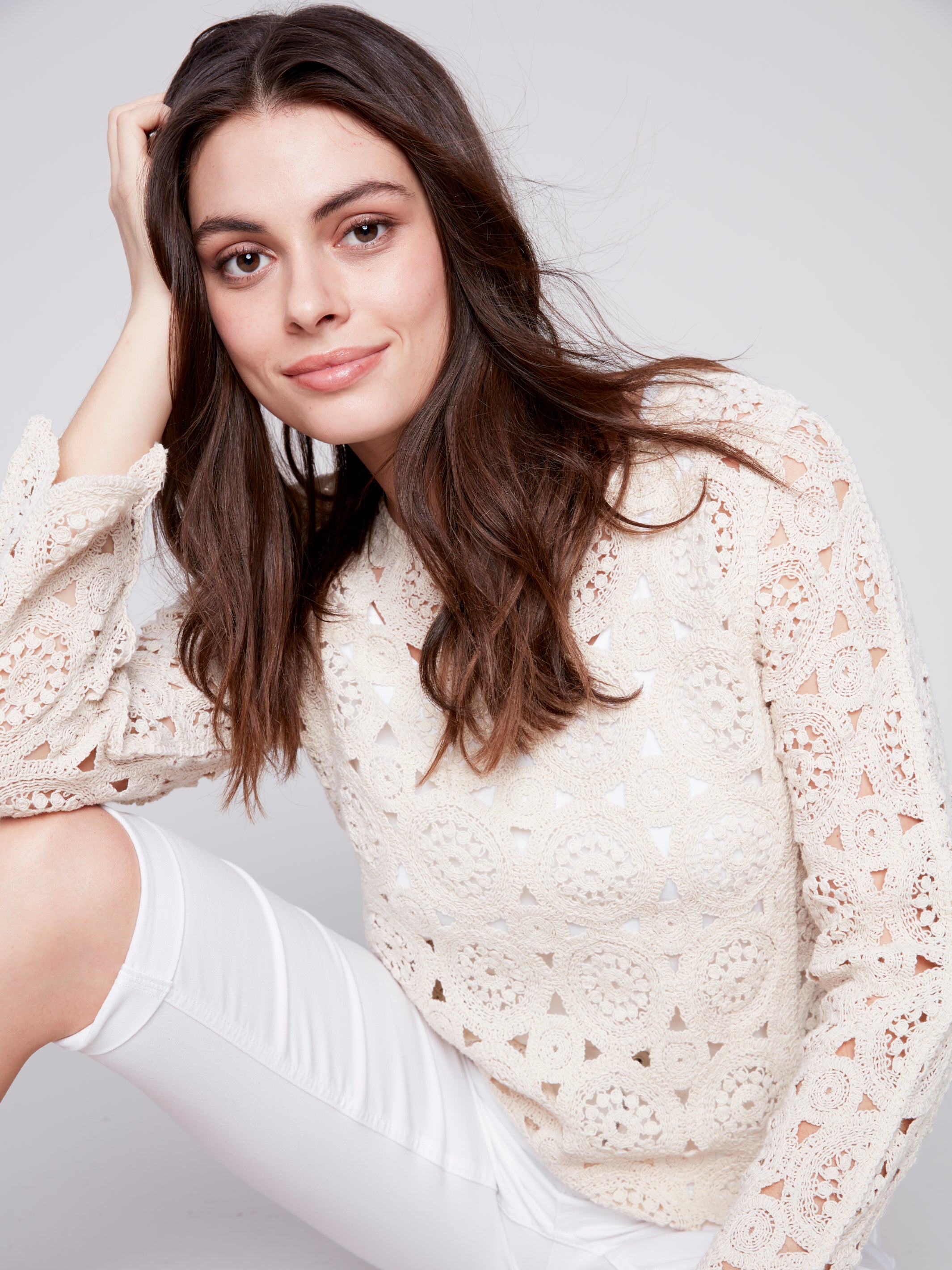 Scallop Hem Crochet Blouse Natural