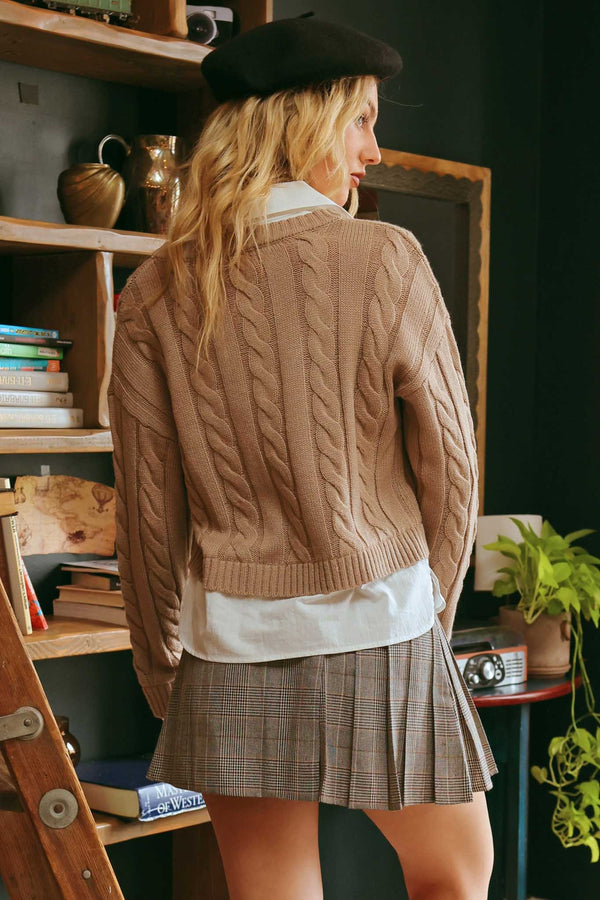 Layered Vneck Cable Knit Sweater Taupe