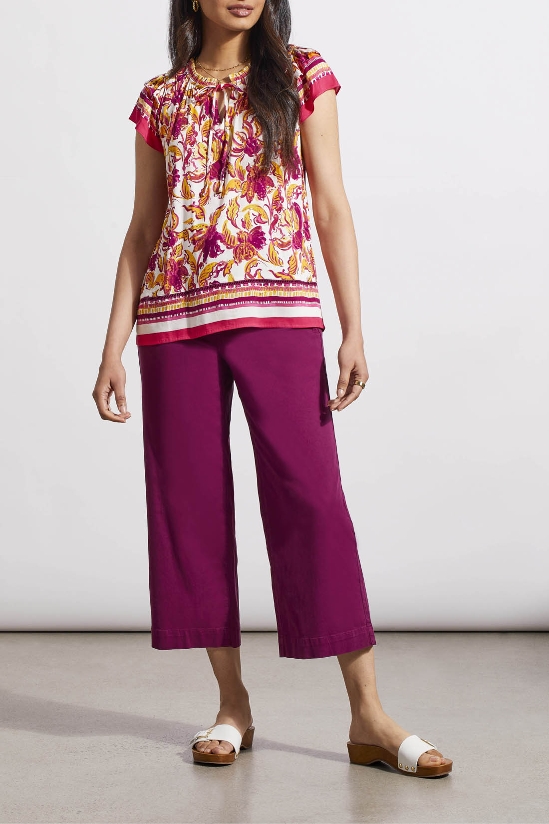 Border Print Tie Neck Frill Blouse Limoncello