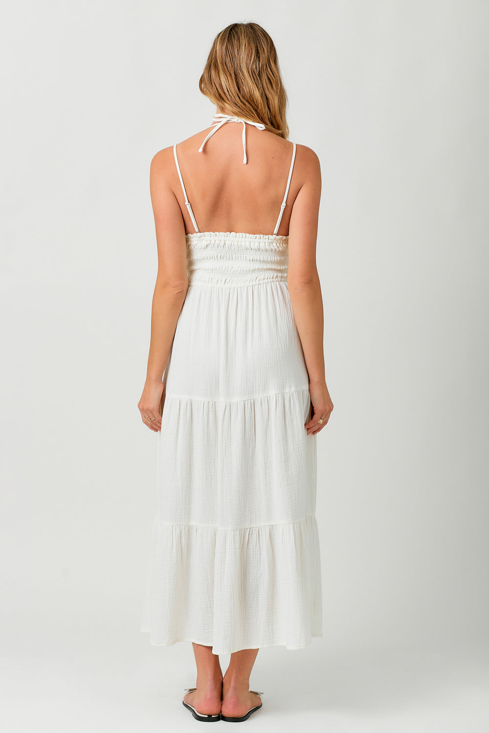 Halter Emb. Long Tiered Dress Ivory