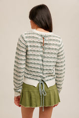 Laced Back Striped Pointelle Sweater Top Seafoam
