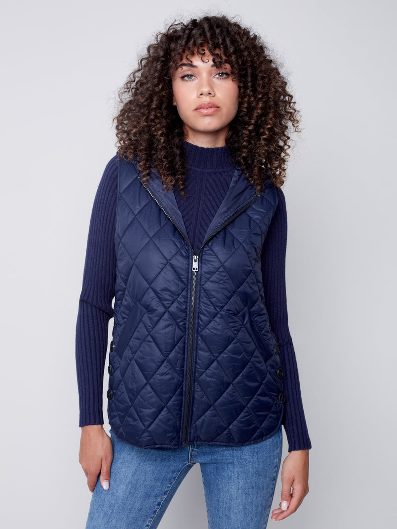 Side Button Detail Quilted Hooded Vest Navy