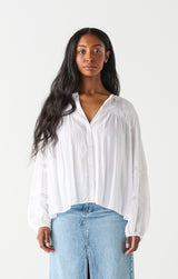 Eyelet Lace Shoulder Detail Buttoned Blouse White