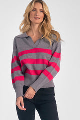 Collared Drop Shoulder Sweater Top Grey Fuchsia Stripe