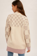 Checker Mixed Open Sweater Cardi Ecru + Grape