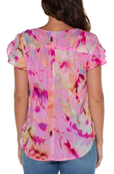 Shirred V Neck Flutter Dolman Tie Sleeve Top Fuchsia Watercolor