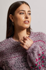 Crew Neck Stripe Floral Puff Sleeve Sweater Fuchsia Pink