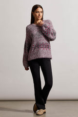 Crew Neck Stripe Floral Puff Sleeve Sweater Fuchsia Pink