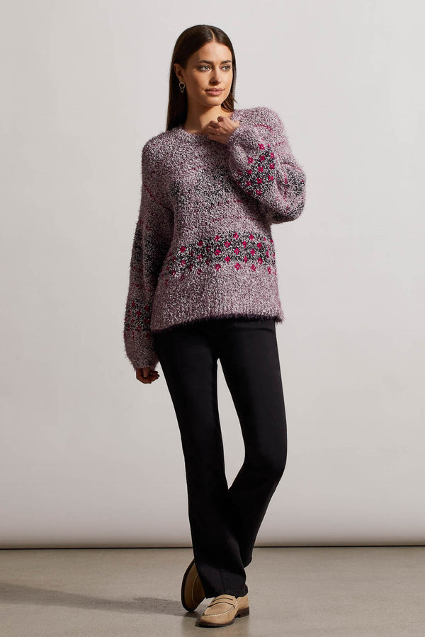 Crew Neck Stripe Floral Puff Sleeve Sweater Fuchsia Pink