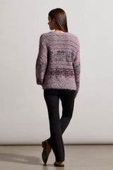 Crew Neck Stripe Floral Puff Sleeve Sweater Fuchsia Pink