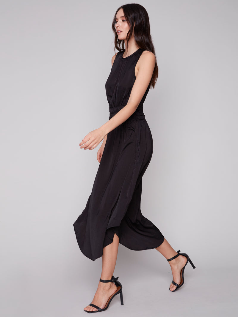 Smocked Waist Solid Sleeveless Dress Black