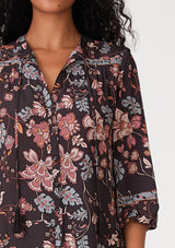 Floral 3/4 Sleeve Tie Neck Buttons Blouse Brown + Dusty Lilac