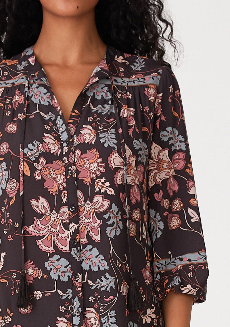 Floral 3/4 Sleeve Tie Neck Buttons Blouse