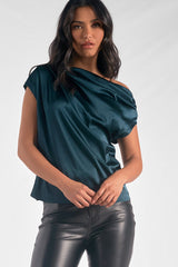 Drape Off Shoulder Satin Top Green Pine